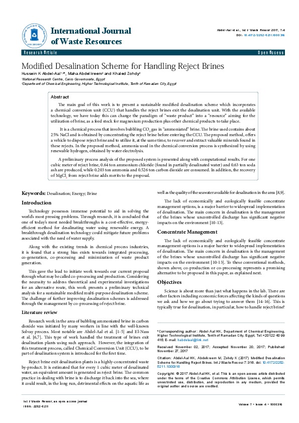 Modified Desalination Scheme for Handling Reject Brines