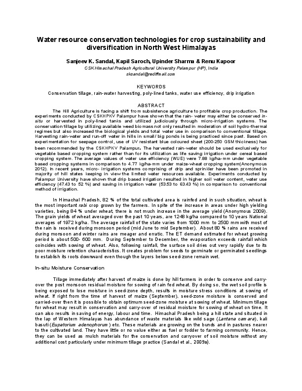 Water resource conservation technologies for crop sustainability and diversification in North West Himalayas