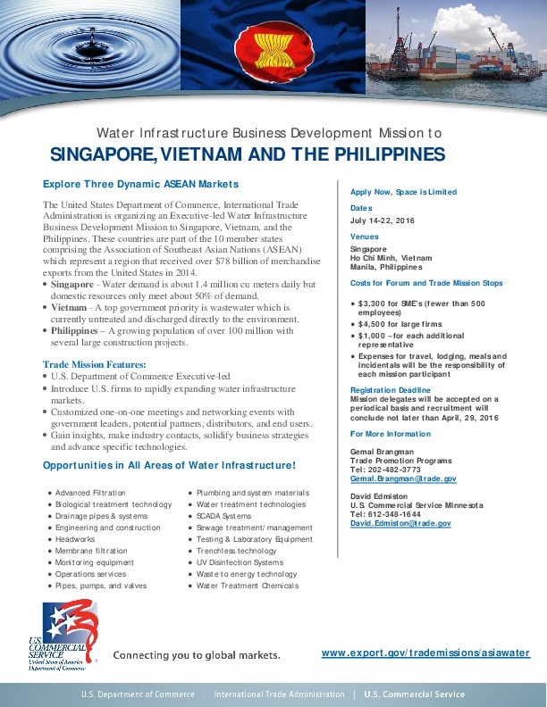 Join the U.S. Department of Commerce&#039;s Water Infrastructure Business Development Mission to Singapore, Vietnam and the Philippines from July 14-...