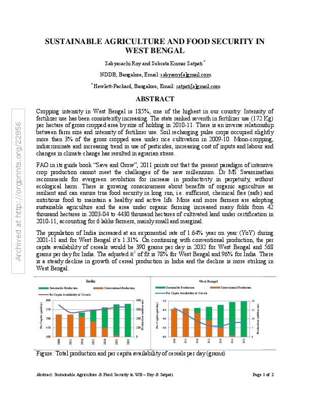 Sustainable Agriculture in West Bengal 2013 