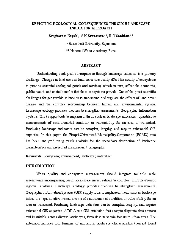 DEPICTING ECOLOGICAL CONSEQUENCES THROUGH LANDSCAPE INDICATOR APPROACH