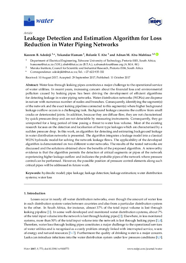 Leakage Detection and Estimation Algorithm for Loss Reduction in Water Piping Networks