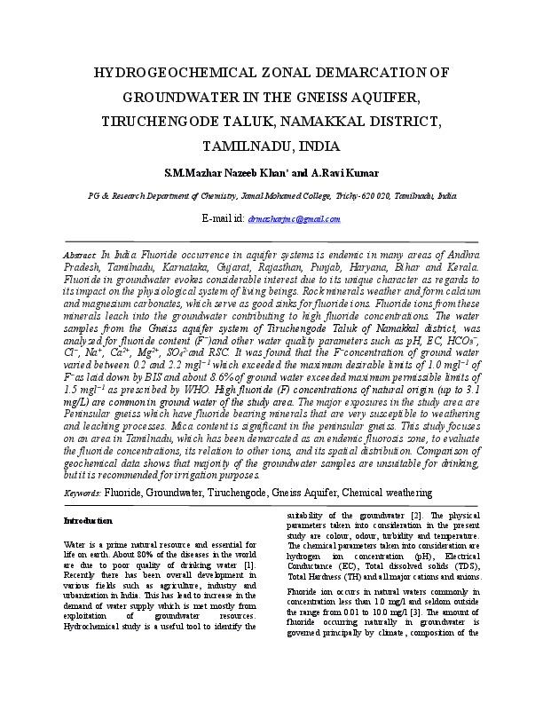 HYDROGEOCHEMICAL ZONAL DEMARCATION OF GROUNDWATER IN THE GNEISS AQUIFER, TIRUCHENGODE TALUK, NAMAKKAL DISTRICT, TAMILNADU, INDIA