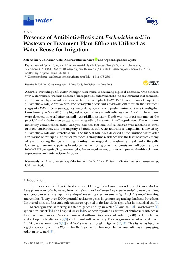 Antibiotic-Resistant E. Coli in Wastewater Treatment Plant Effluents Utilized for Irrigation