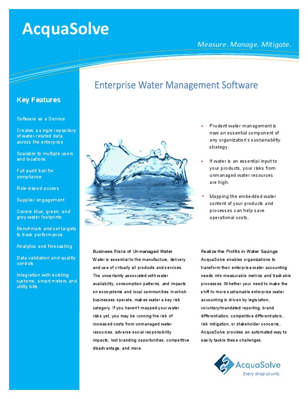 Automate your organizational process and product water impact assessment, and manage and monitor performance and risks within internal and exter...