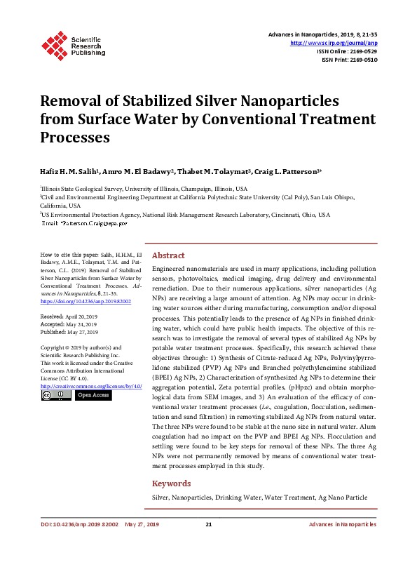 Removal of Stabilized Silver Nanoparticles from Surface Water by Conventional Treatment Processes