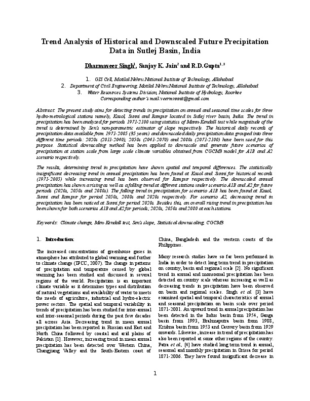 Climate change, Men-Kendall test, Sen’s slope, Statistical downscaling, CGCM3