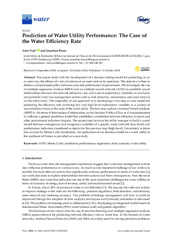 Prediction of Water Utility Performance - The Case of the Water Efficiency Rate (French Case Study)