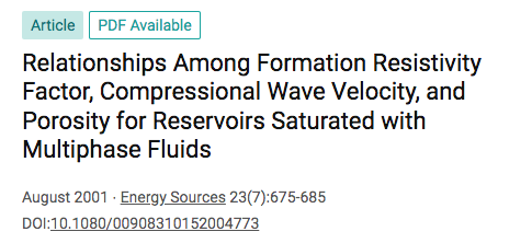 Relationships Among Formation Resistivity Factor, Compressional Velocity, & Porosity for Reservoirs