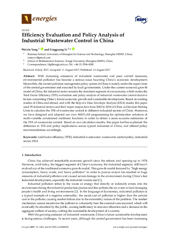 Efficiency Evaluation and Policy Analysis of Industrial Wastewater Control in China
