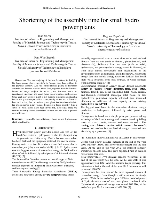 Shortening Of The Assembly Time For Small Hydro Power Plants - 2014