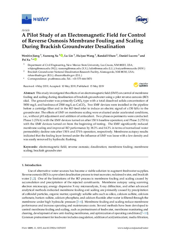 Electromagnetic Field for Control of RO Membrane Fouling and Scaling During Groundwater Desalination