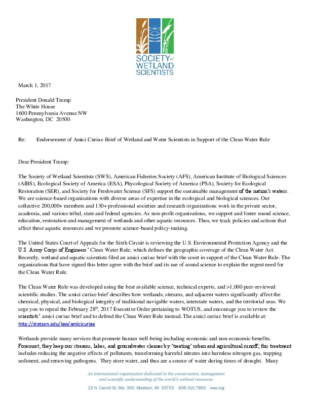 Letter to President Trump by Wetland and Water Scientists