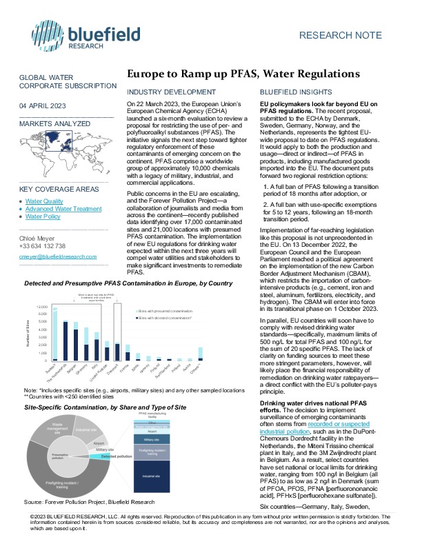 Bluefield research InsightsEurope to Ramp up PFAS, Water RegulationsOn 22 March 2023, the European Union&rsquo;s European Chemical Agency (ECHA) lau...