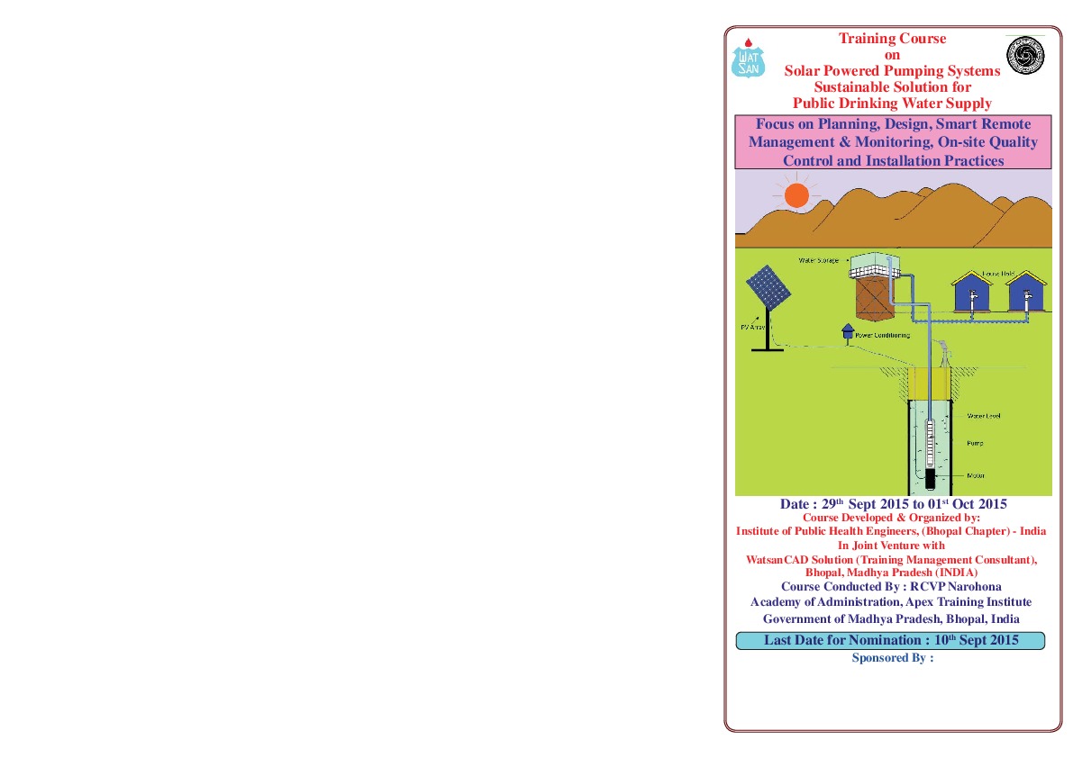 Solar Powered Pumping System a sustainable solution for drinking water supply - Focus on Planning, Designing, Quality Control and Installation T...