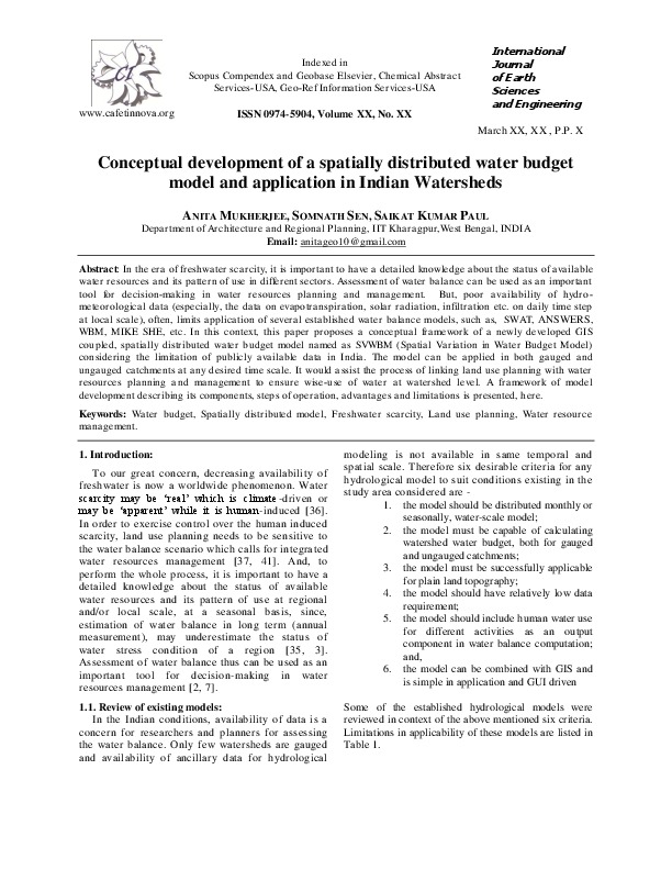 Conceptual Development of a Spatially Distributed Water-budget Model and its Application in Indian Watersheds