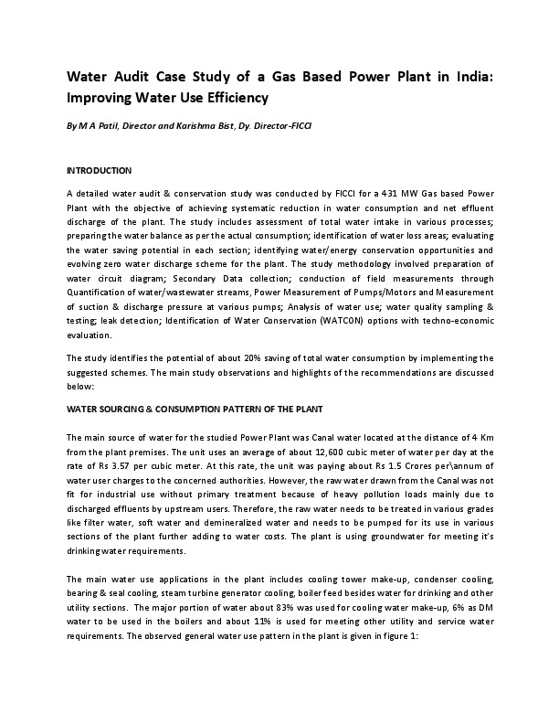 Water Audit Case Study of a Gas Based Power Plant in India: Improving Water Use Efficiency