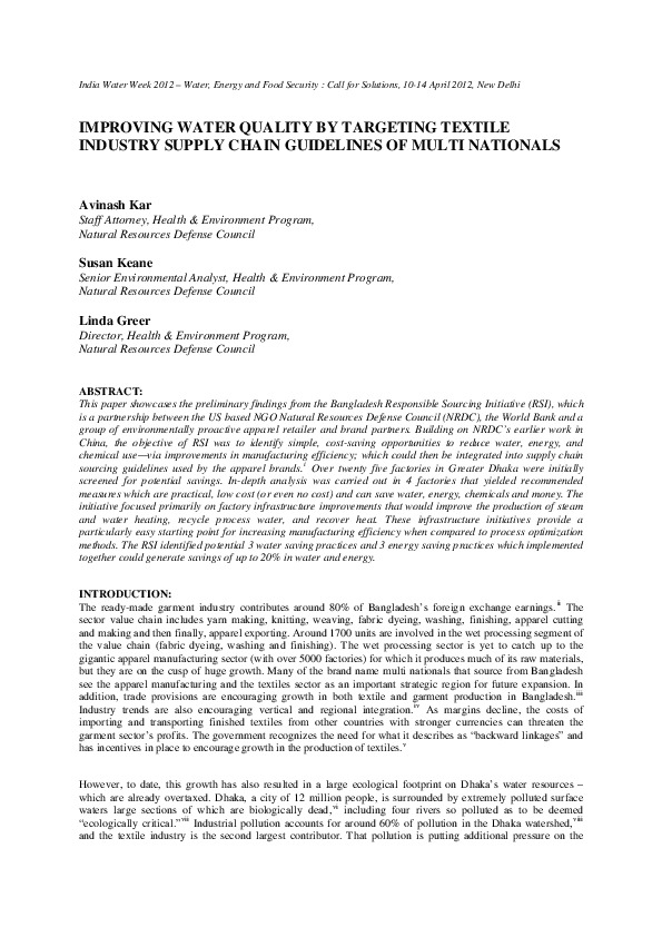 Improving Water Quality by Targeting Textile Industry Supply Chain Guidelines of Multinationals