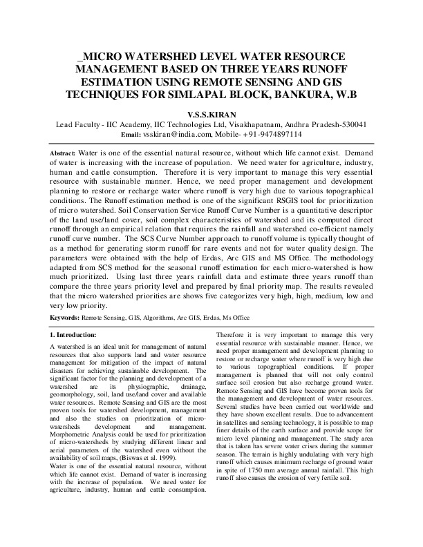 MICRO WATERSHED LEVEL WATER RESOURCE MANAGEMENT BASED ON THREE YEARS RUNOFF ESTIMATION USING REMOTE SENSING AND GIS TECHNIQUES FOR SIMLAPAL BLOCK, BANKURA, W.B