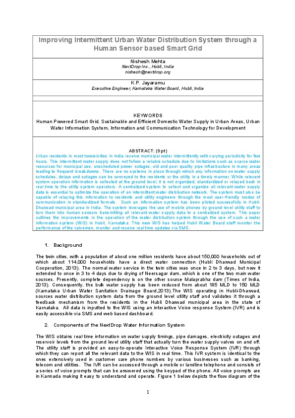 Improving Intermittent Urban Water Distribution System through a Human Sensor based Smart Grid