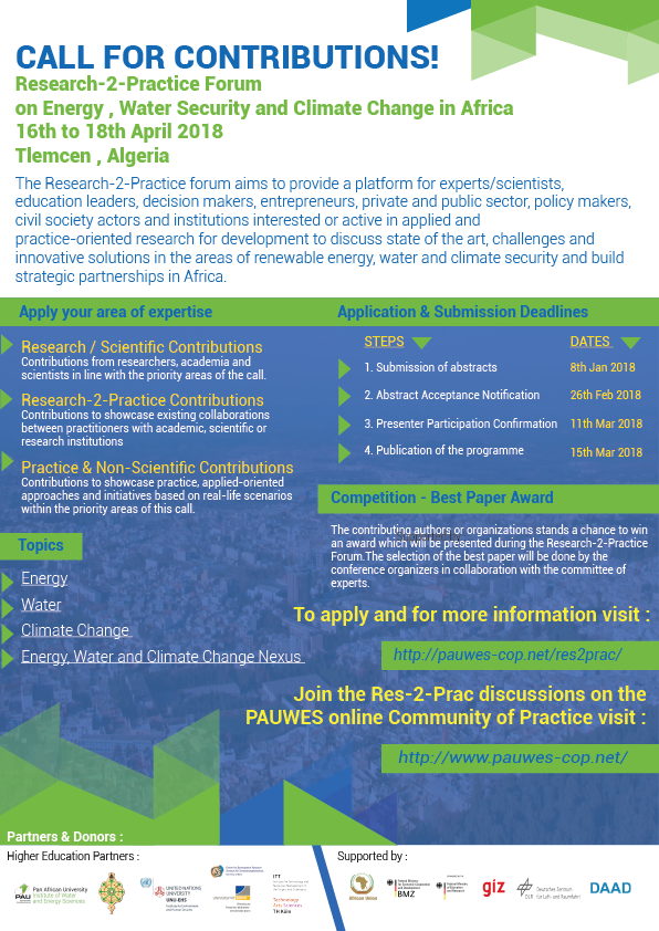 Research-2-Practice Forum on Energy, Water Security and Climate Change in Africa&nbsp; 16-18 April 2018&nbsp; &nbsp; &nbsp; Greetings, We are pl...