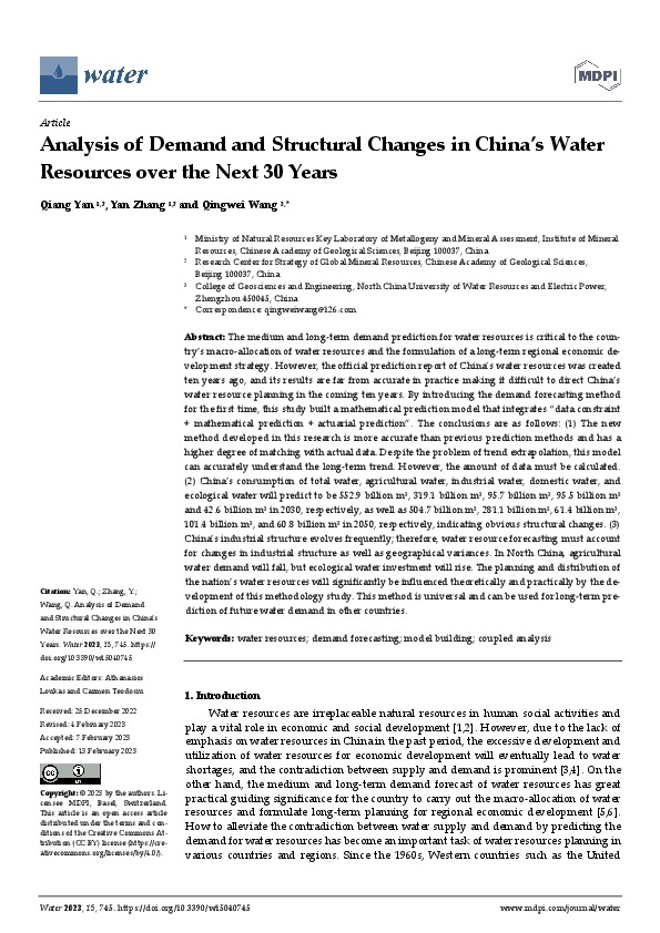 Analysis of Demand and Structural Changes in China’s Water Resources over the Next 30 Years