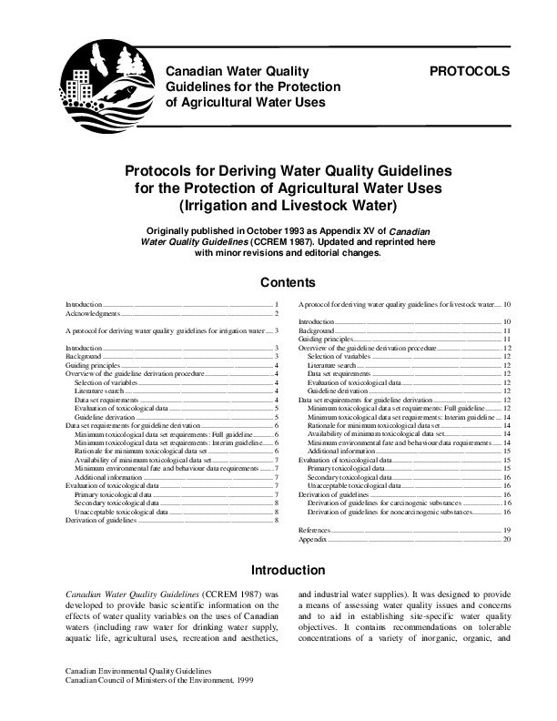 Protocols for Deriving Water Quality Guidelines for the Protection of Agricultural Water Uses