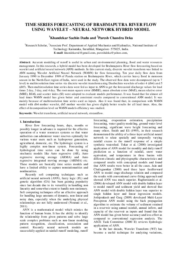 TIME SERIES FORECASTING OF BRAHMAPUTRA RIVER FLOW USING WAVELET – NEURAL NETWORK HYBRID MODEL