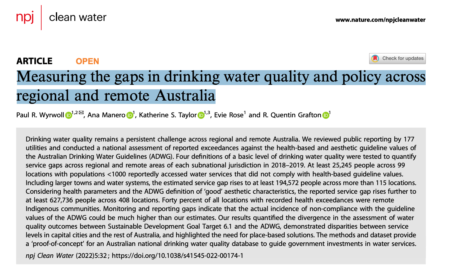 Measuring the gaps in drinking water quality and policy across regional and remote Australia