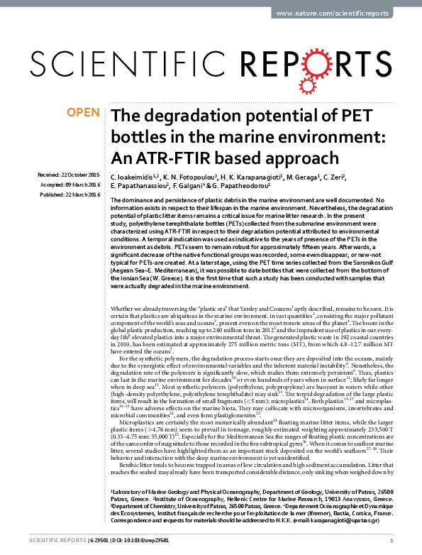 The degradation potential of PET bottles in the marine environment: An ATR-FTIR based approach