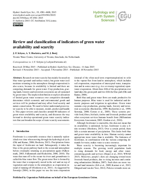 Review and classification of indicators of green water availability and scarcity