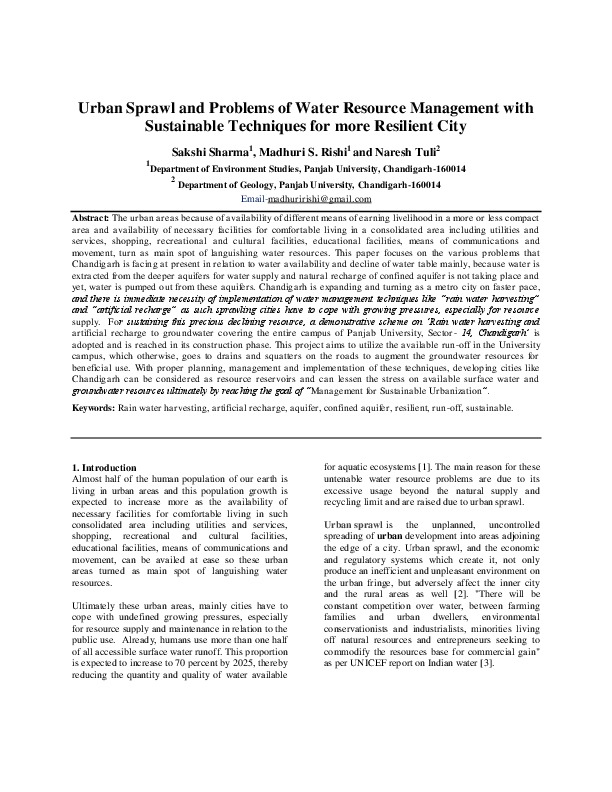 Urban Sprawl and Problems of Water Resource Management with Sustainable Techniques for more Resilient City