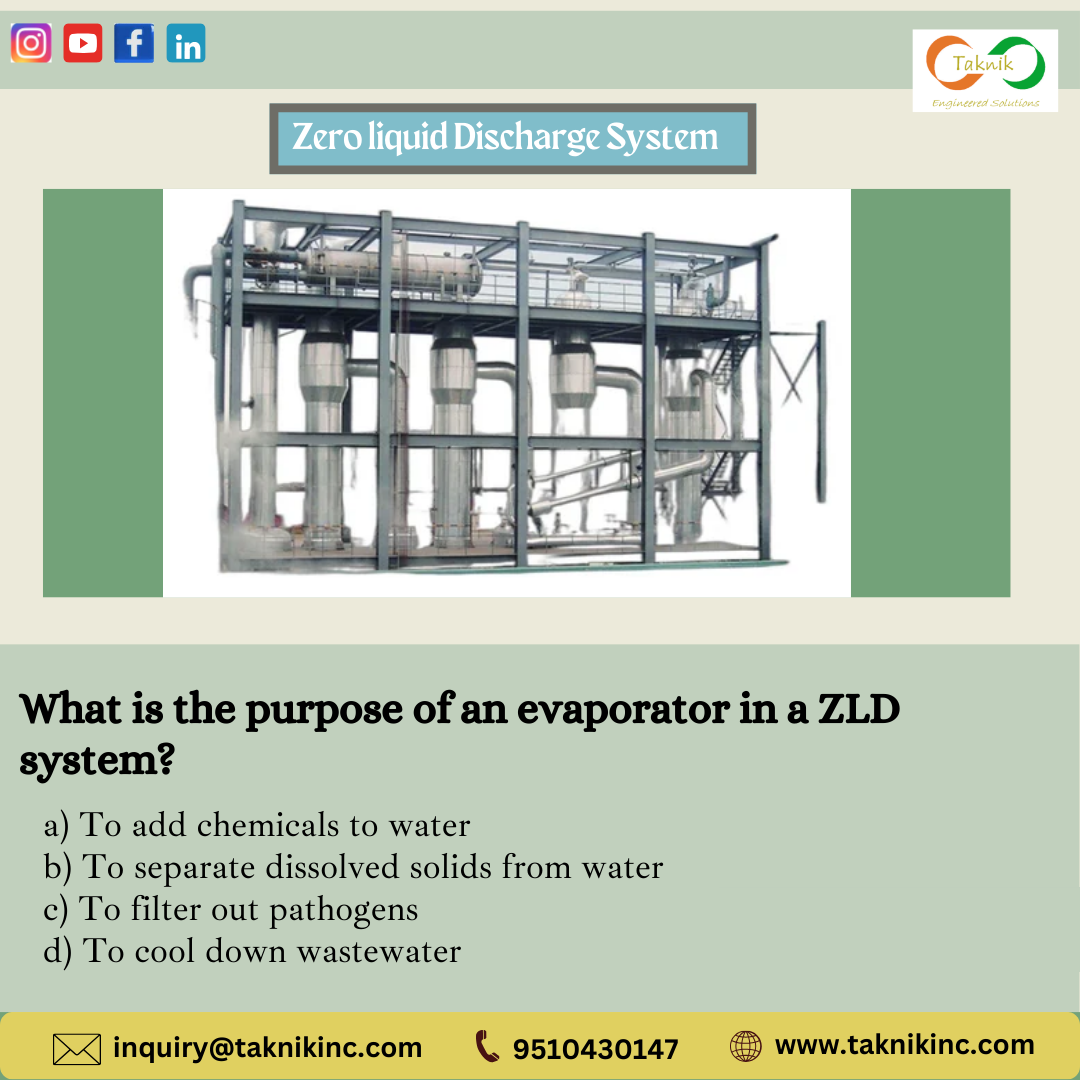 ✍️"Quick Quiz Time! Can You Get It Right?"Q1.)What is the purpose of an evaporator in a ZLD system?a) To add chemicals to waterb) To separat...