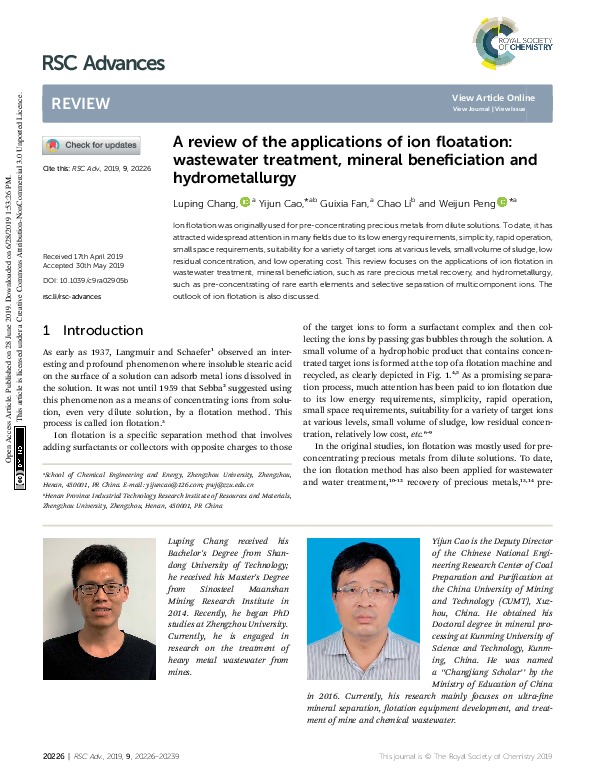 Review of Ion Flotation Application: Wastewater Treatment, Mineral Beneficiation & Hydrometallurgy