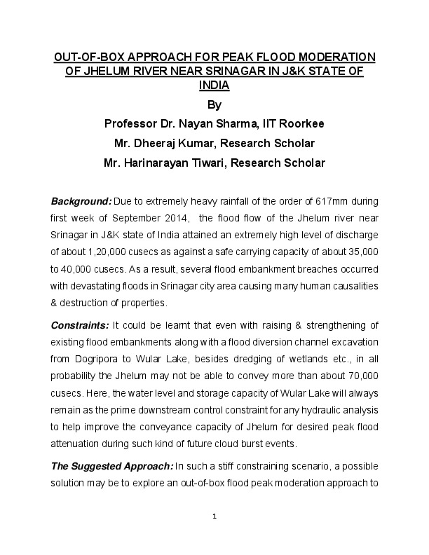 OUT-OF-BOX APPROACH FOR PEAK FLOOD MODERATION OF JHELUM RIVER NEAR SRINAGAR IN J&amp;K STATE OF INDIA