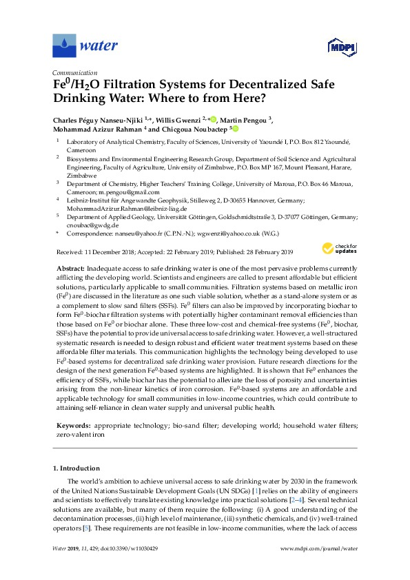 Fe0/H2O Filtration Systems for Decentralized Safe Drinking Water: Where to from Here?