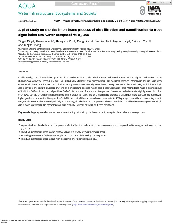 A pilot study on the dual membrane process of ultrafiltration and nanofiltration