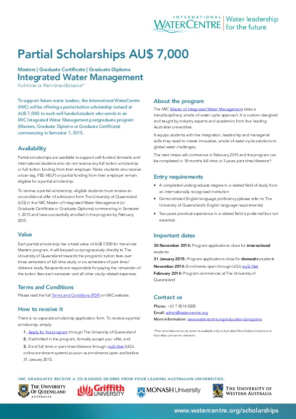Partial scholarship to study Integrated Water Management at the International Water Centre (IWC), Australia. Open until 30 Nov! Read more: http:...