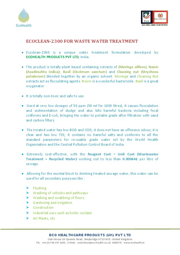 EcoClean 2300 -''Natural Herbal Flocculant cum bactericide to recycle Sewage Water for Secondary Use''.