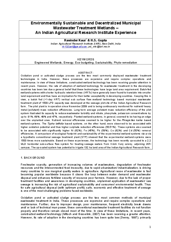 Environmentally Sustainable and Decentralized Municipal Wastewater Treatment Wetlands – An Indian Agricultural Research Institute Experience