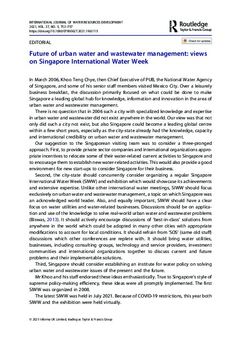 Future of urban water and wastewater management: views on Singapore International Water Week