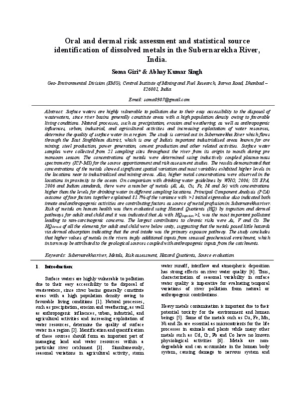 Oral and dermal risk assessment and statistical source identification of dissolved metals in the Subernarekha River, India.