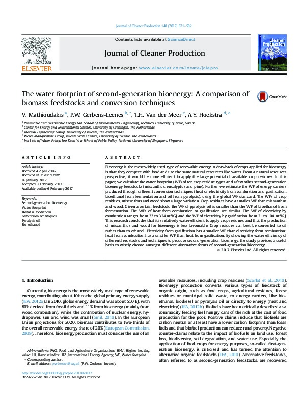 The water footprint of second-generation bioenergy: A comparison of biomass feedstocks