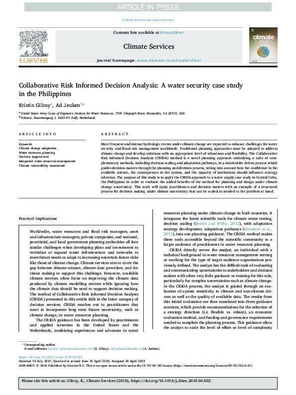 Collaborative Risk Informed Decision Analysis A Water Security Case Study in the Philippines