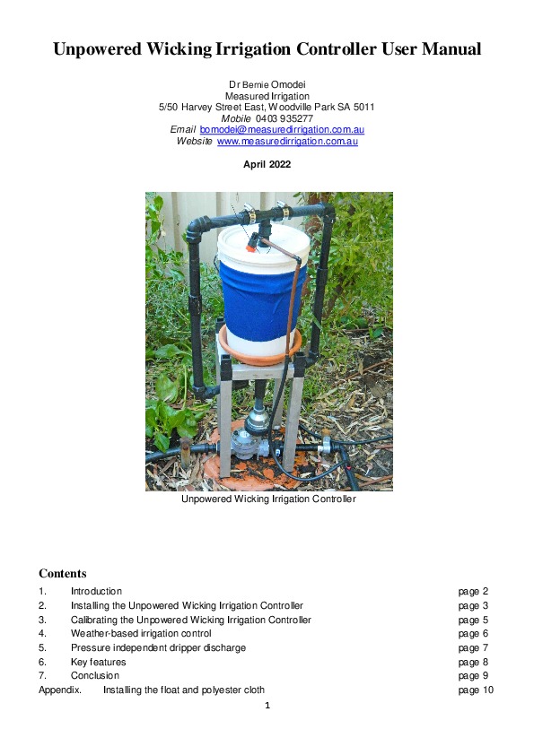 I have just invented an unpowered irrigation controller that can be used for any irrigation application that uses a solenoid valve. The User Man...