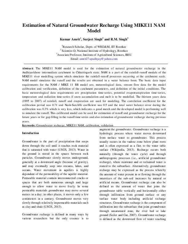 Estimation of Natural Groundwater Recharge Using MIKE11 NAM Model