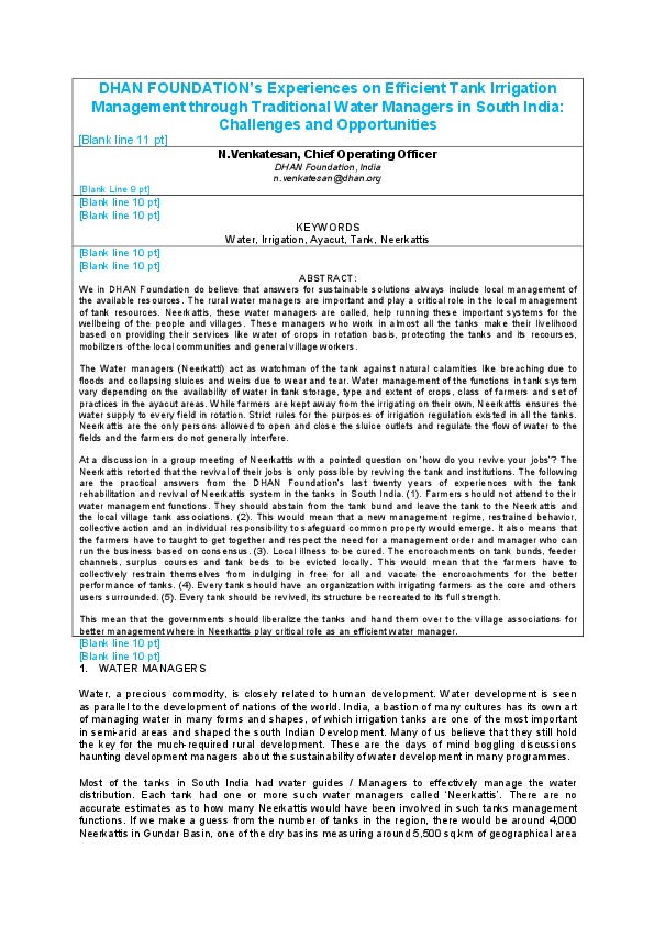 DHAN FOUNDATION’s Experiences on Efficient Tank Irrigation Management through Traditional Water Managers in South India: Challenges and Opportunities