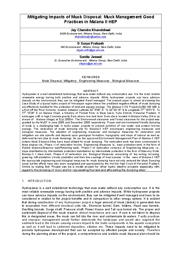 Mitigating Impacts of Muck Disposal: Muck Management Good Practices in Malana II HEP