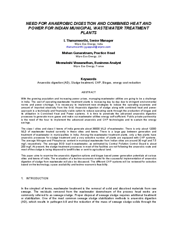 NEED FOR ANAEROBIC DIGESTION AND COMBINED HEAT AND POWER FOR INDIAN MUNICIPAL WASTEWATER TREATMENT PLANTS