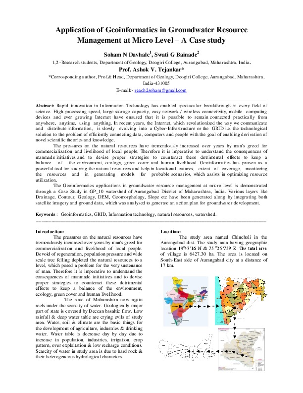 Application of Geoinformatics in Groundwater Resource Management at Micro Level – A Case study